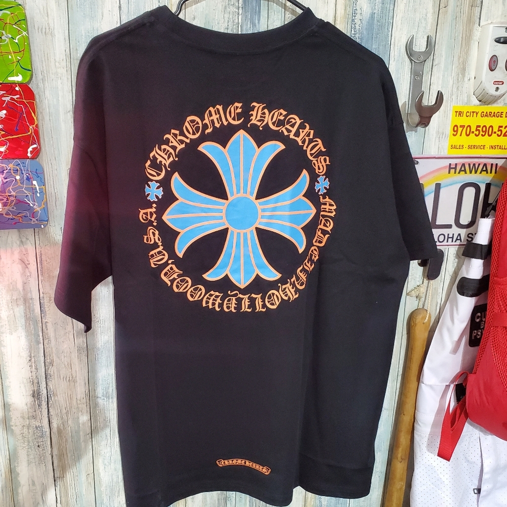 Chrome Hearts Black T-Shirt with Blue and Orange Design